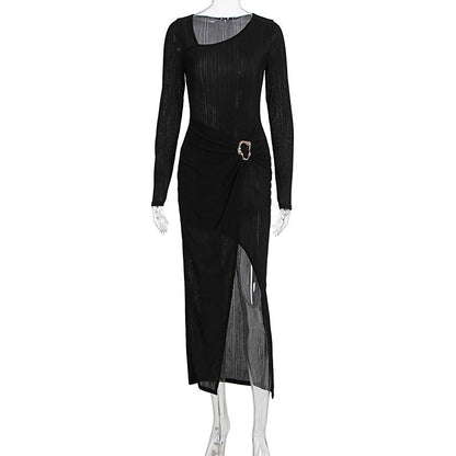 Long sleeve slit ruched irregular midi dress  | Festival Outfits Women