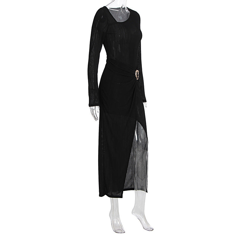 Long sleeve slit ruched irregular midi dress  | Festival Outfits Women