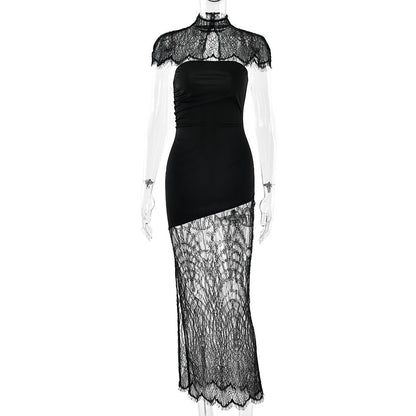 High neck lace hem shrug backless 2 piece midi dress  | Festival Outfits Women