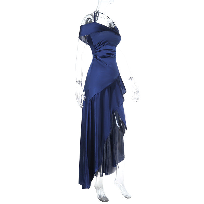 Satin slit ruffle halter self tie ruched midi dress  | Festival Outfits Women