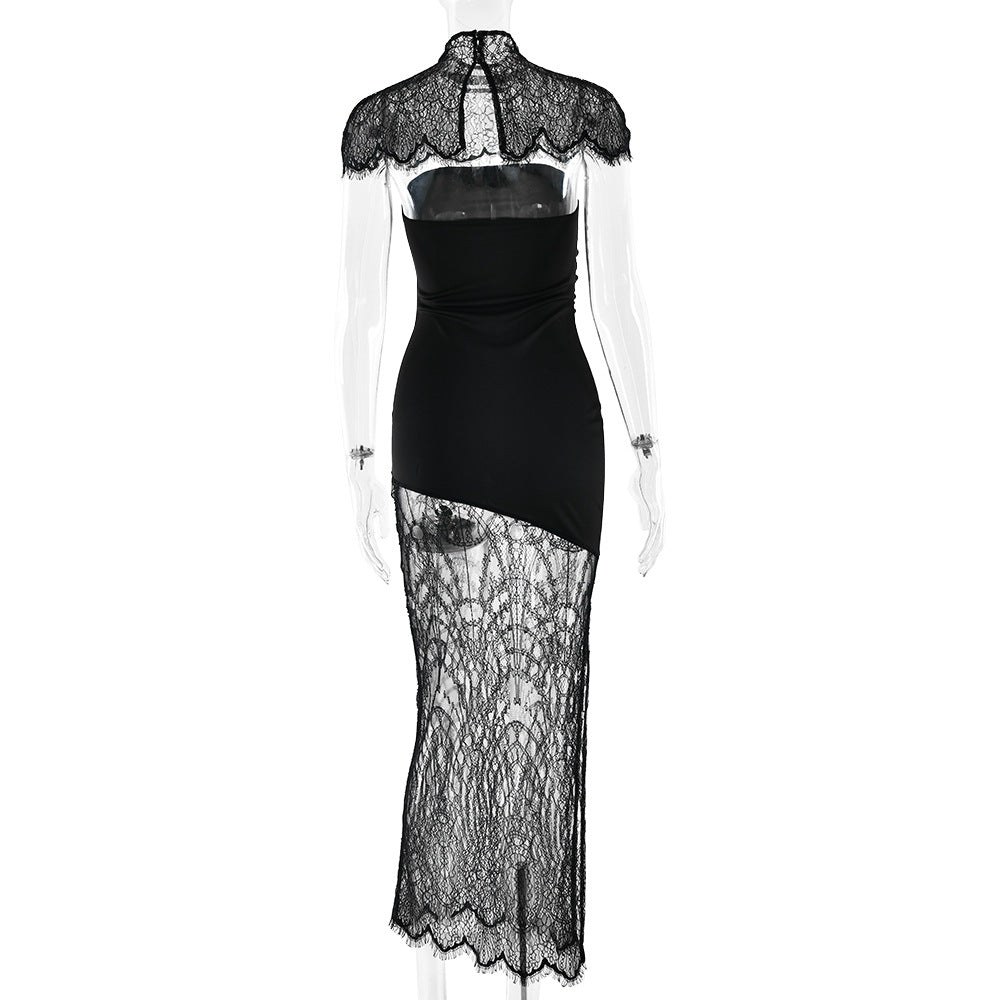 High neck lace hem shrug backless 2 piece midi dress  | Festival Outfits Women