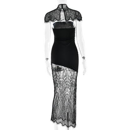 High neck lace hem shrug backless 2 piece midi dress  | Festival Outfits Women