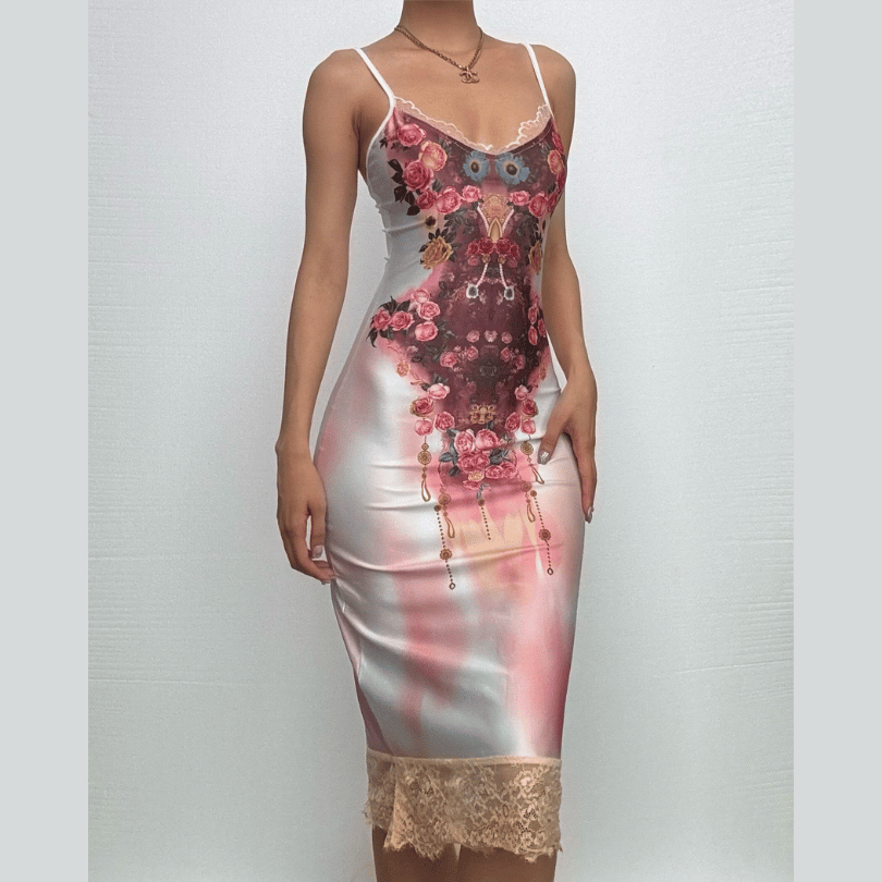 Lace hem flower print v neck cami midi dress  | Festival Outfits Women