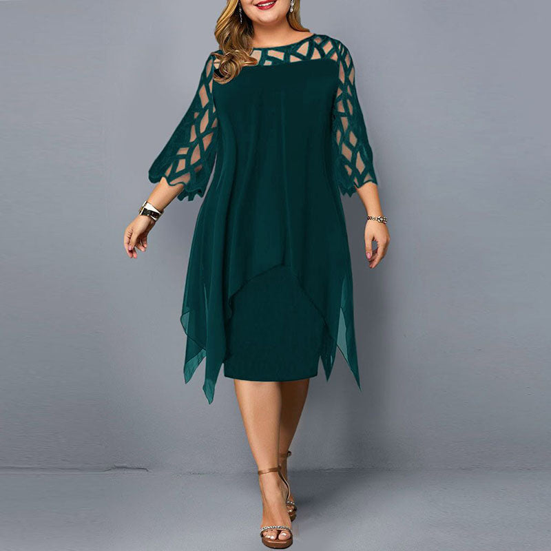 L-6XL Women Plus Size Elegant Casual Solid Color Hollow Lace Communting Dating Midi Dress