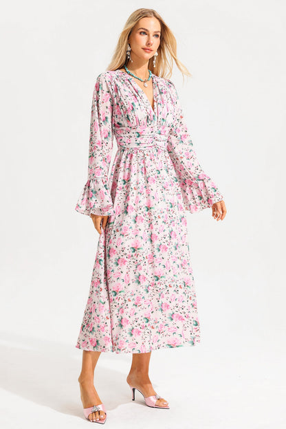 Floral V-Neck Ball Sleeve Midi Dress