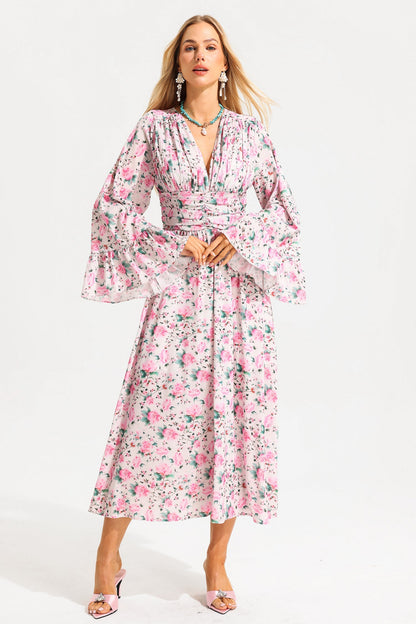 Floral V-Neck Ball Sleeve Midi Dress