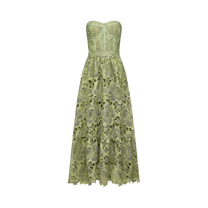 Inès lace floral embroidered cut-out midi dress in Green