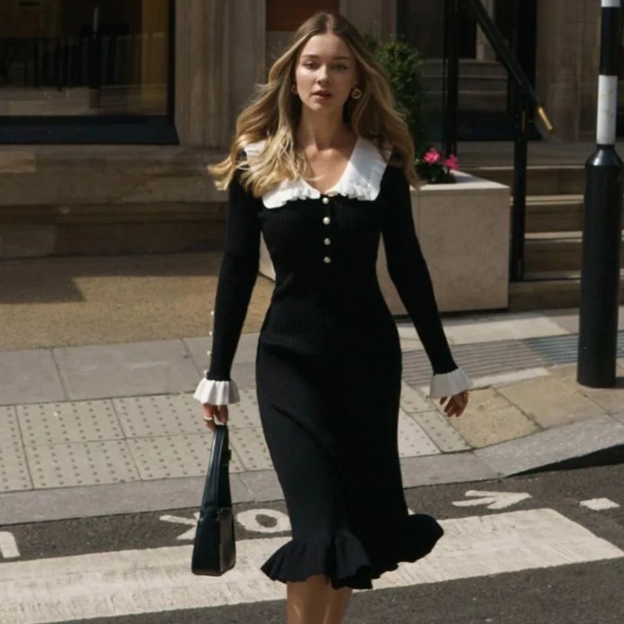 Button Ruffle Waist Midi Dress