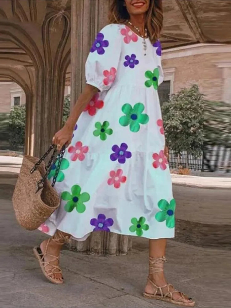 2025 Summer New Women’s Print Dress Puff Short Sleeves Ruffles Loose A-line Midi Dresses Fashion Casual Beach Vacation Vestidos