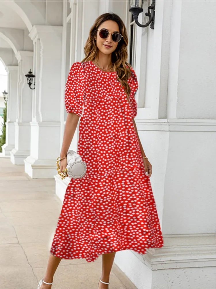2025 Summer New Women’s Print Dress Puff Short Sleeves Ruffles Loose A-line Midi Dresses Fashion Casual Beach Vacation Vestidos