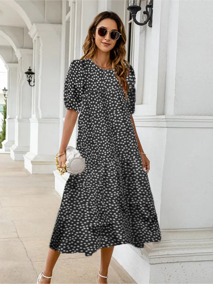 2025 Summer New Women’s Print Dress Puff Short Sleeves Ruffles Loose A-line Midi Dresses Fashion Casual Beach Vacation Vestidos