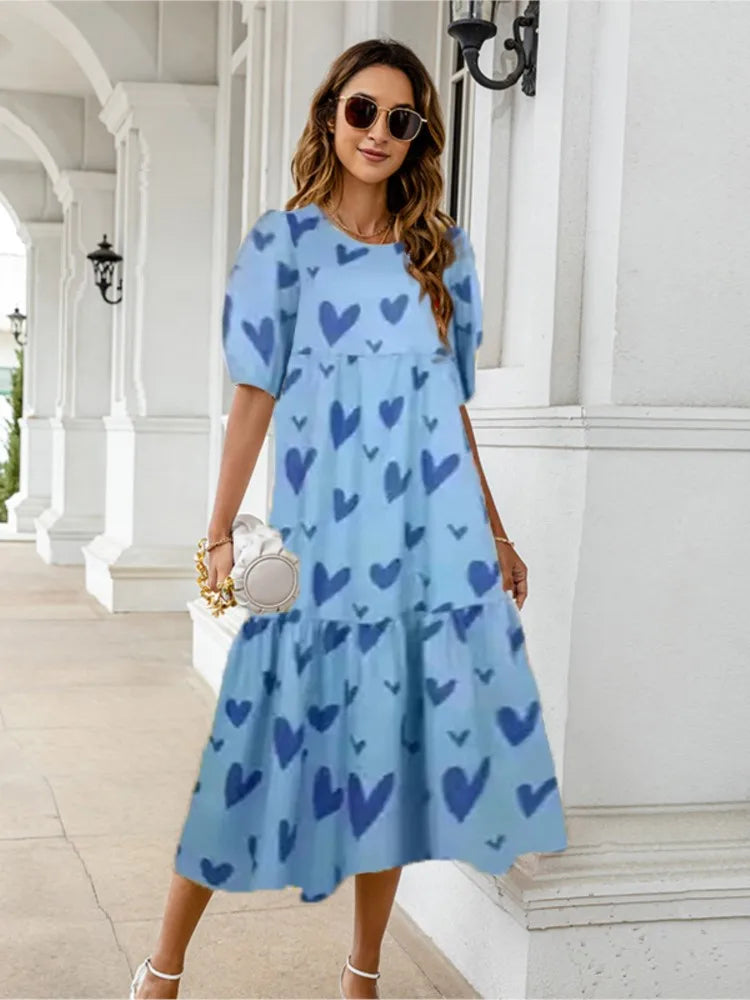 2025 Summer New Women’s Print Dress Puff Short Sleeves Ruffles Loose A-line Midi Dresses Fashion Casual Beach Vacation Vestidos