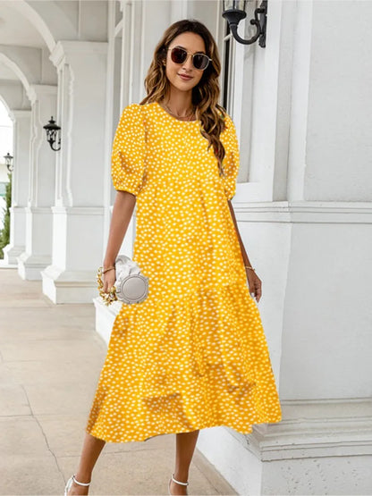 2025 Summer New Women’s Print Dress Puff Short Sleeves Ruffles Loose A-line Midi Dresses Fashion Casual Beach Vacation Vestidos