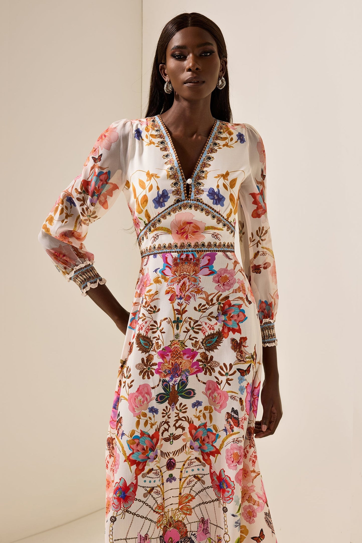 Floral Lantern Sleeve V-Neck Midi Dress