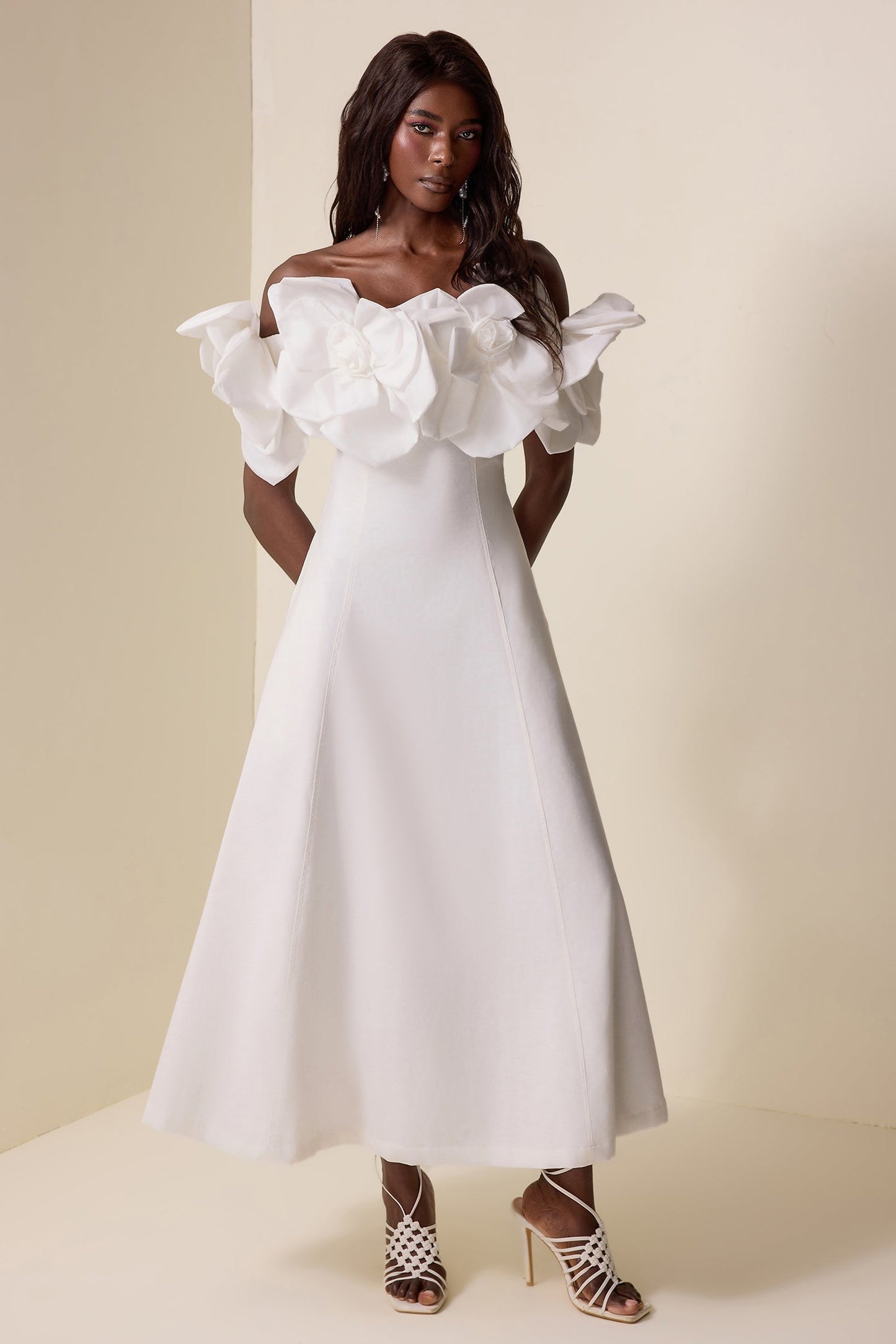 3D Flower Solid Off-Shoulder Midi Dress