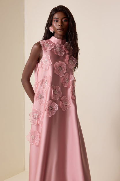 Appliquéd Satin Sleeveless Midi Dress
