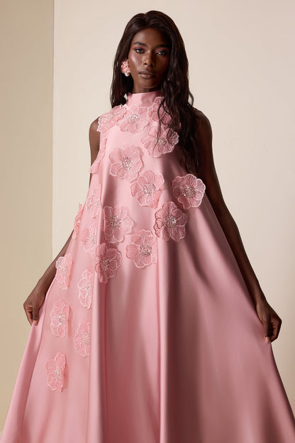 Appliquéd Satin Sleeveless Midi Dress