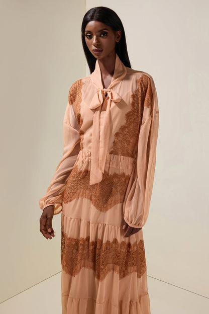 Chiffon Splicing Lace Tie-Up Long Sleeve Midi Dress