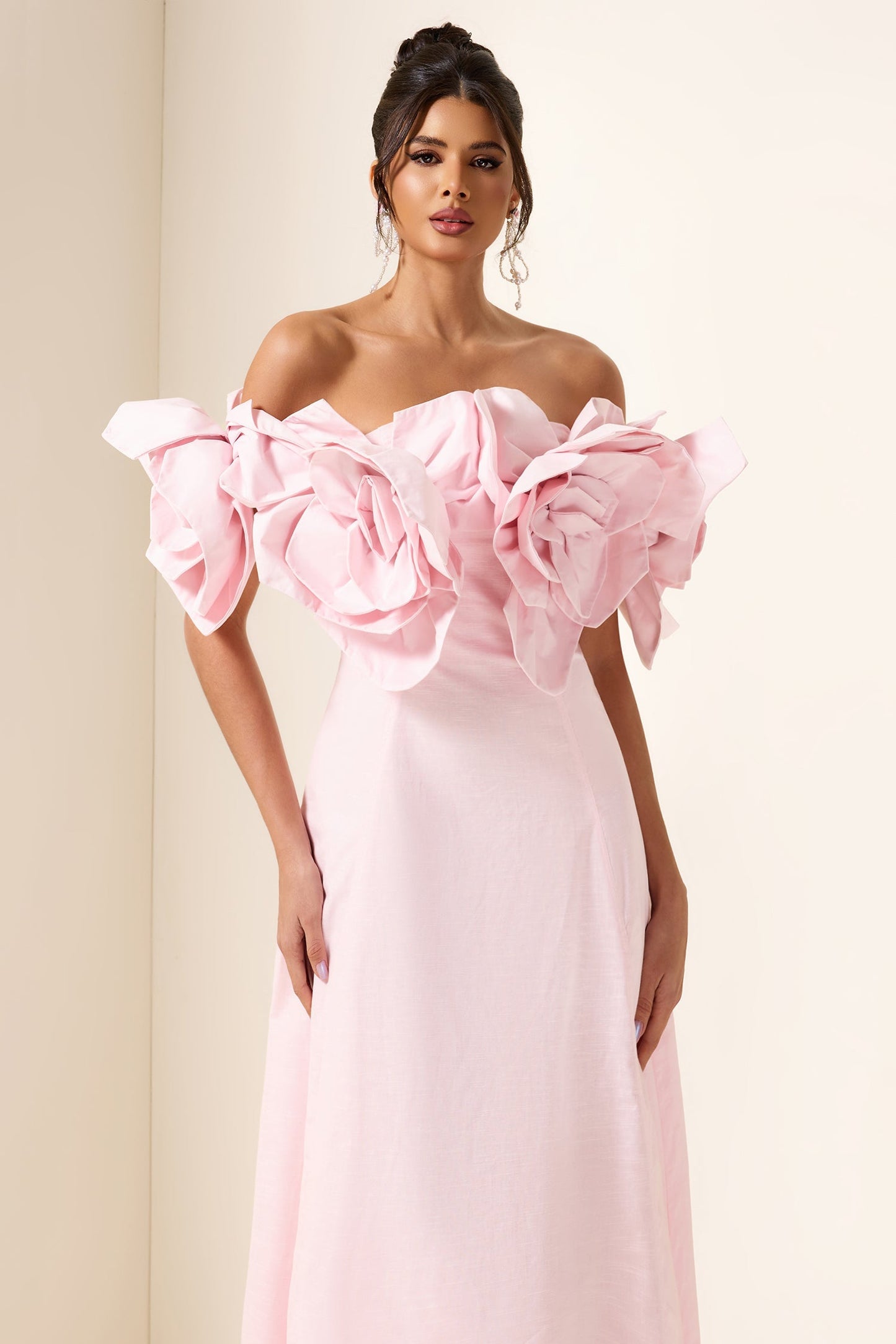 3D Flower Solid Off-Shoulder Midi Dress