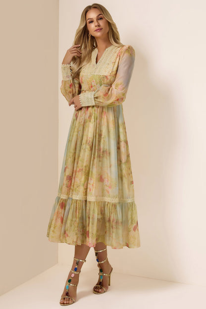 Floral Lace Smocking Ruffle Midi Dress