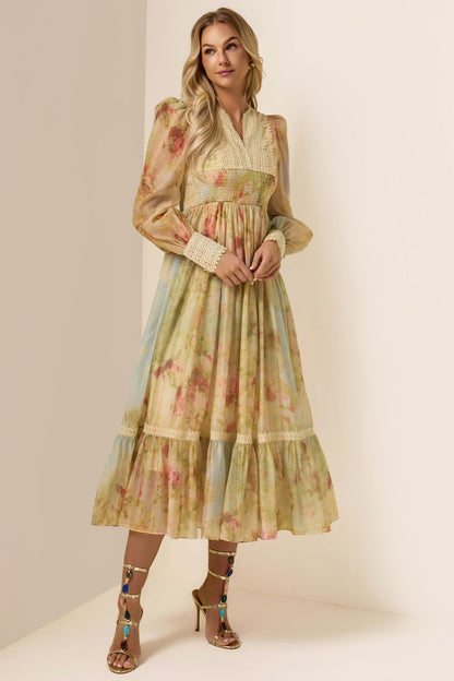 Floral Lace Smocking Ruffle Midi Dress
