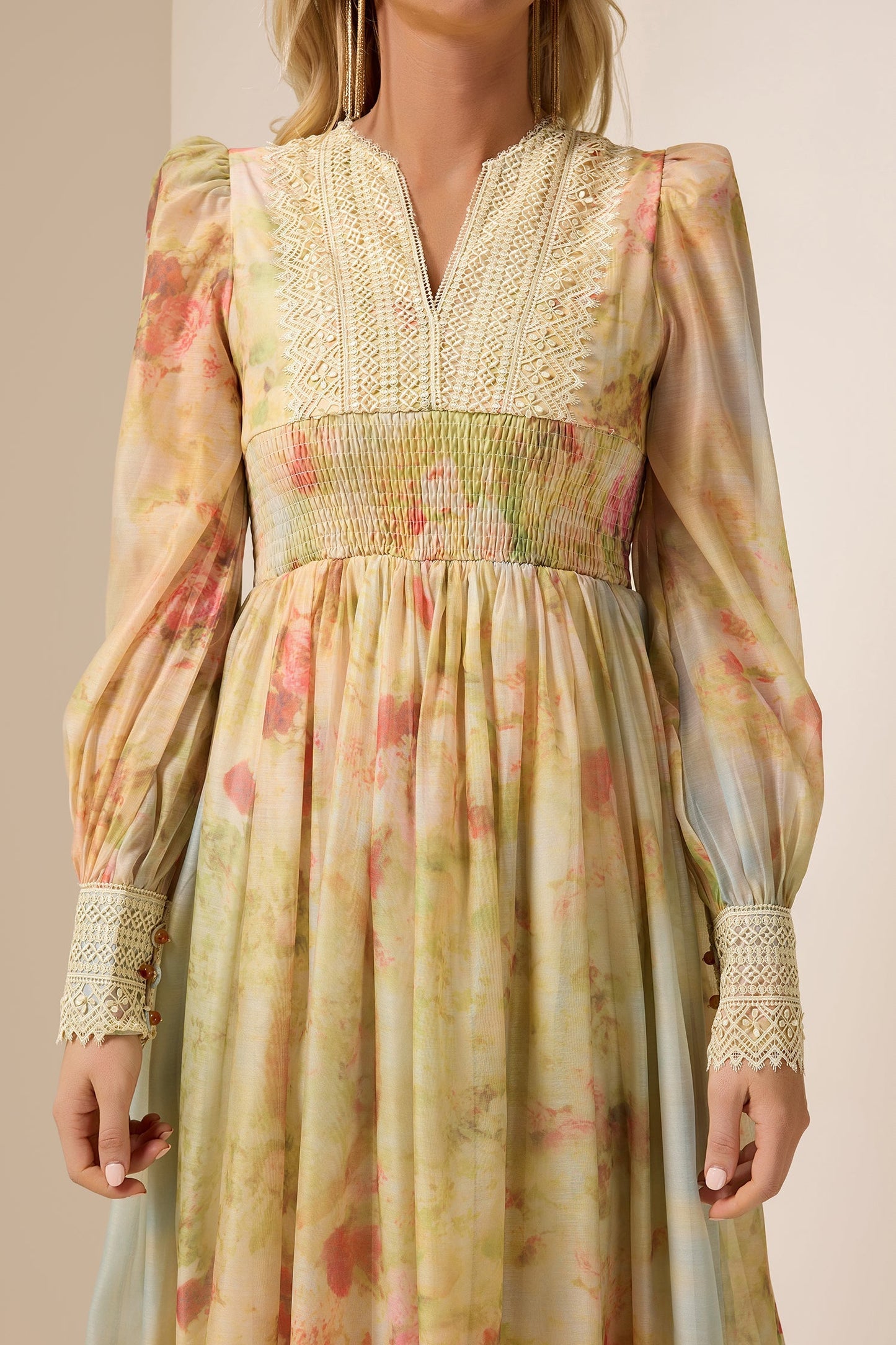 Floral Lace Smocking Ruffle Midi Dress