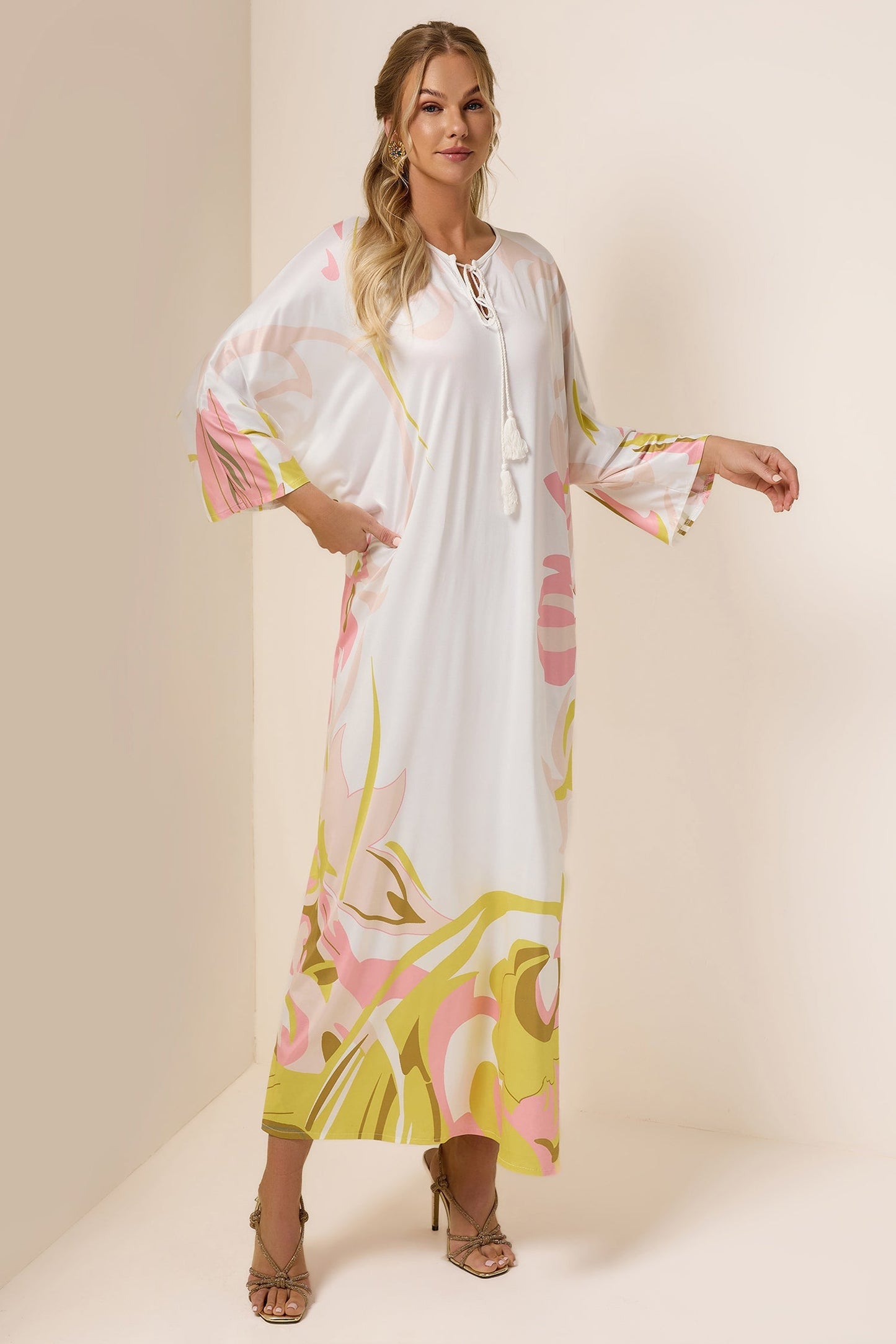 Abstract Print Lace Up Midi Dress