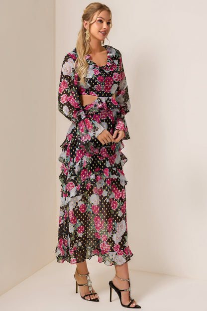 Floral Gold Foil Stamping Frill Midi Dress