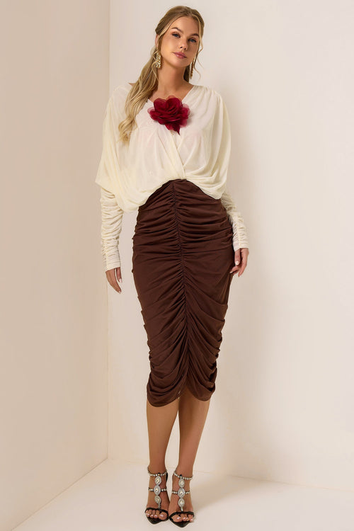 3D Flower Shirring V-Neck Midi Dress