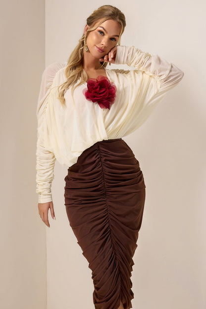 3D Flower Shirring V-Neck Midi Dress