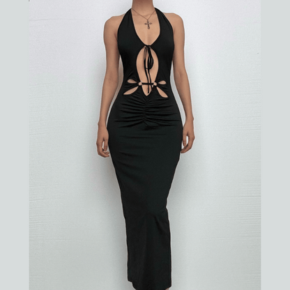 Halter hollow out backless v neck slit cut out midi dress  | Festival Outfits Women