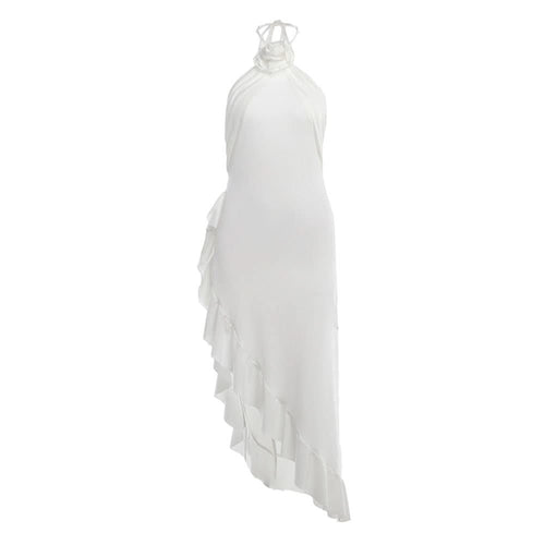 Ruffle irregular flower applique halter slit midi dress  | Festival Outfits Women
