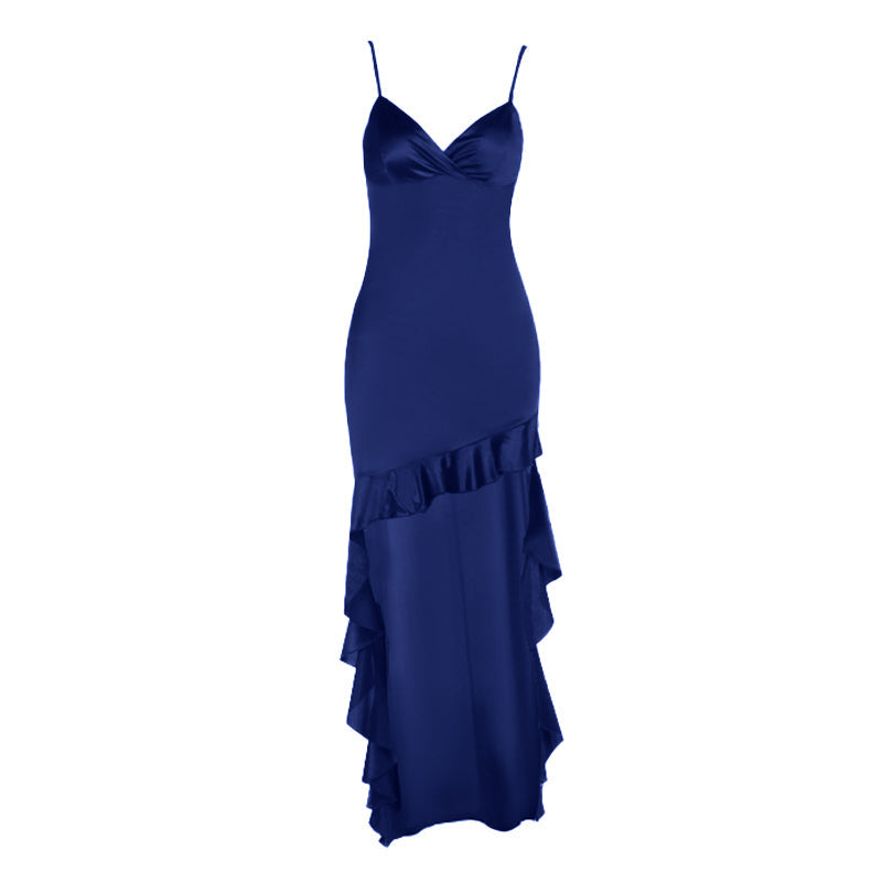 Irregular ruffle v neck satin cami midi dress  | Festival Outfits Women