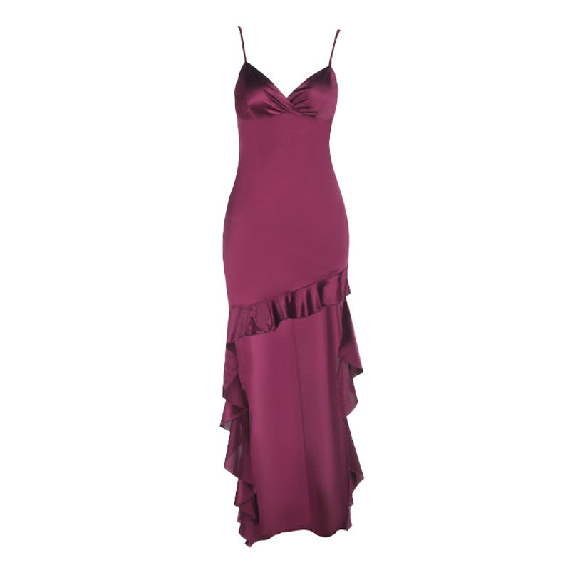 Irregular ruffle v neck satin cami midi dress  | Festival Outfits Women