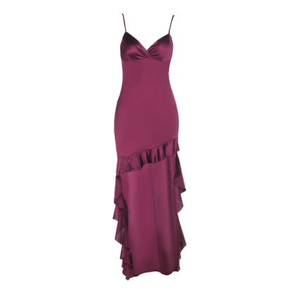 Irregular ruffle v neck satin cami midi dress  | Festival Outfits Women