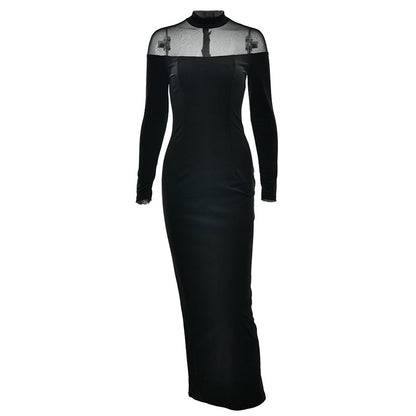 Long sleeve mesh zip-up crewneck midi dress  | Festival Outfits Women