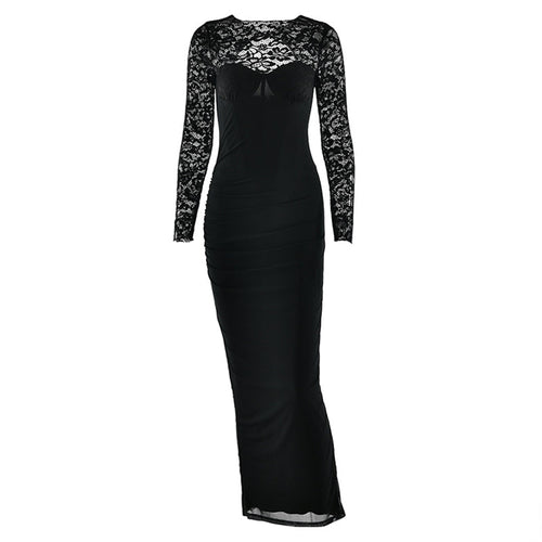 Crewneck long sleeve lace slit solid midi dress  | Festival Outfits Women