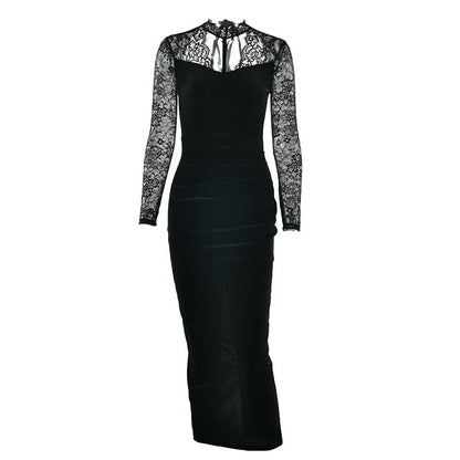 Lace long sleeve hollow out self tie slit midi dress  | Festival Outfits Women