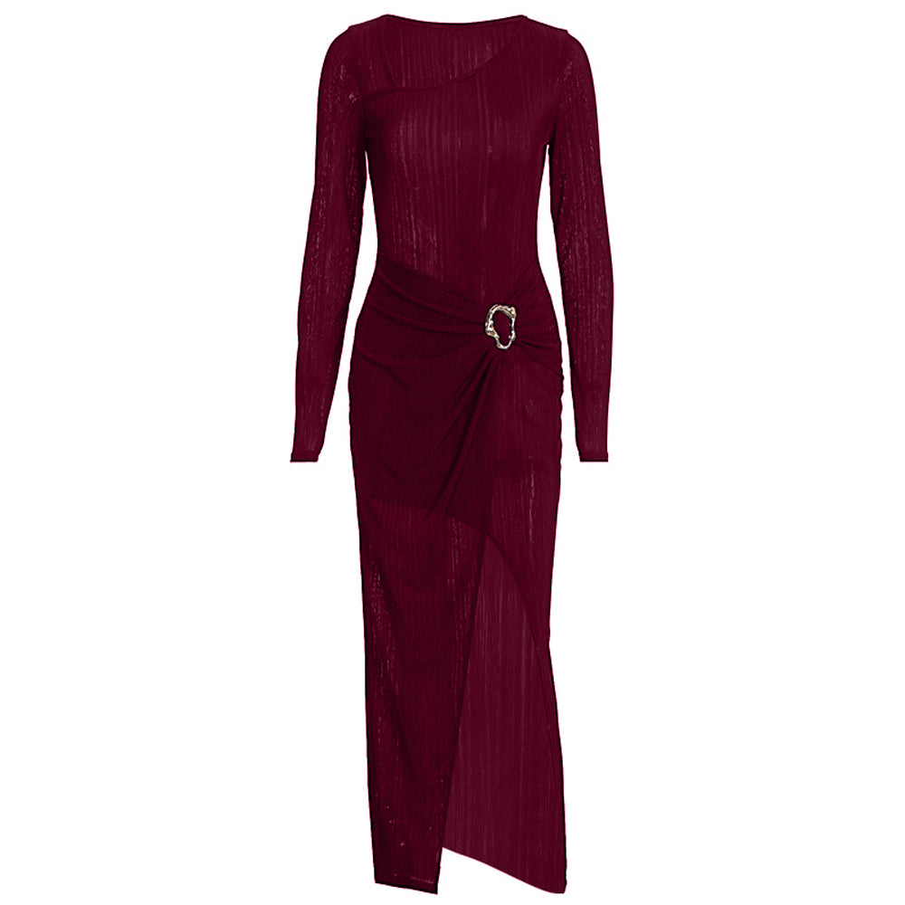 Long sleeve slit ruched irregular midi dress  | Festival Outfits Women