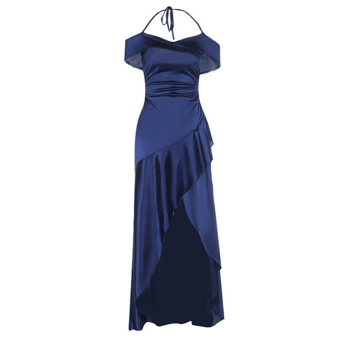 Satin slit ruffle halter self tie ruched midi dress  | Festival Outfits Women