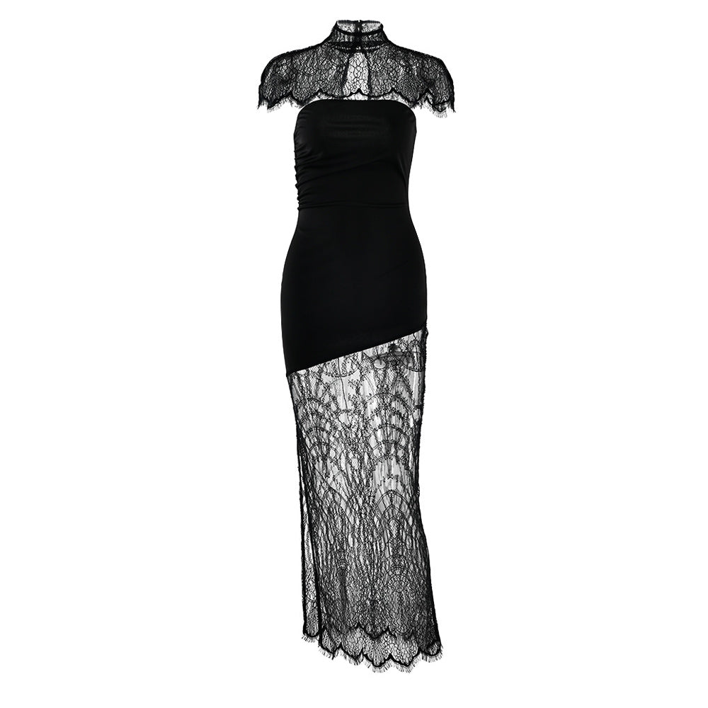 High neck lace hem shrug backless 2 piece midi dress  | Festival Outfits Women