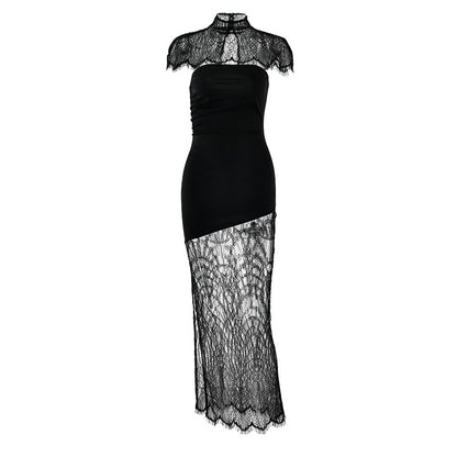 High neck lace hem shrug backless 2 piece midi dress  | Festival Outfits Women