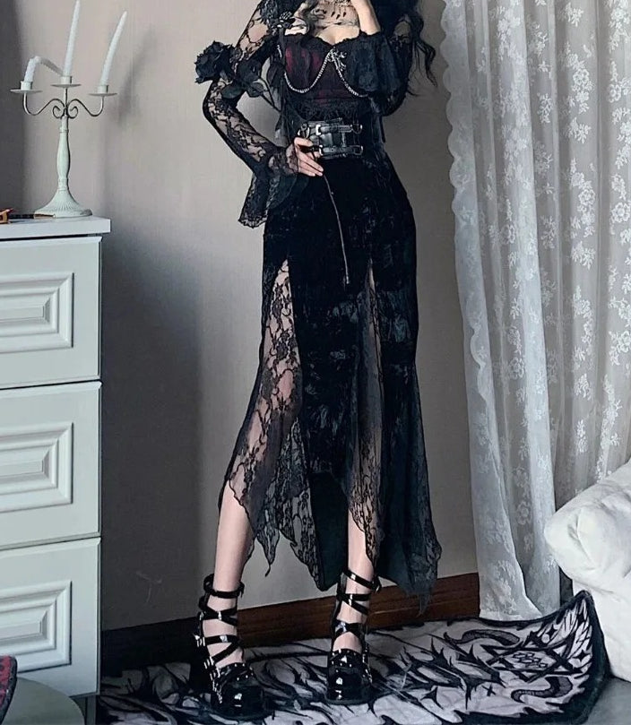 Lace Stitching Long Sleeve Midi Dress