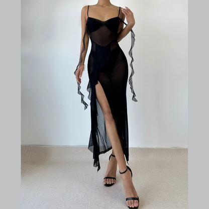 Sweetheart neck ruffle high slit sheer mesh cami midi dress  | Festival Outfits Women