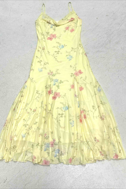 Draped Neck Floral Mesh Midi Dress