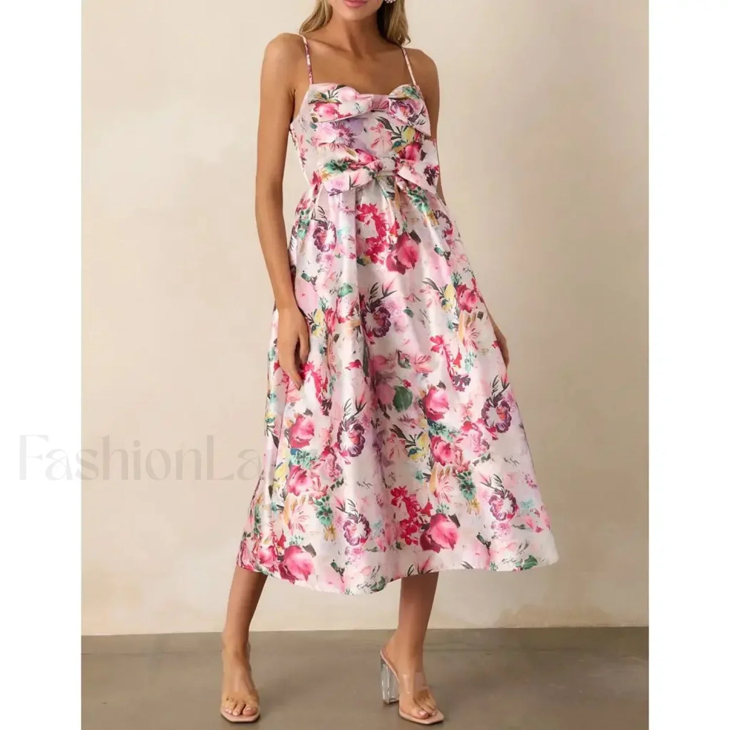 3D Bow Spaghetti-Strap Midi Dress