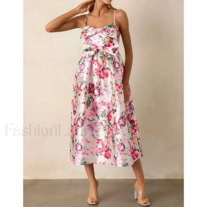 3D Bow Spaghetti-Strap Midi Dress