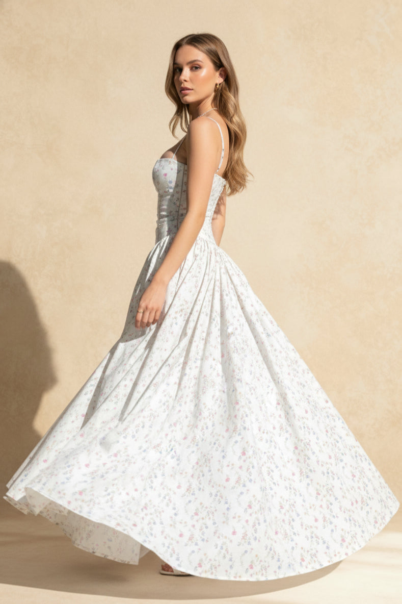 Chiffon Pleated Floral Off Shoulder Maxi Dress