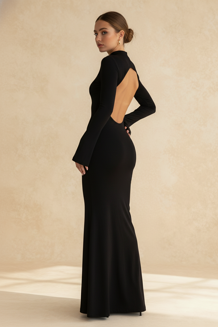 Backless Mock Neck Bodycon Maxi Dress