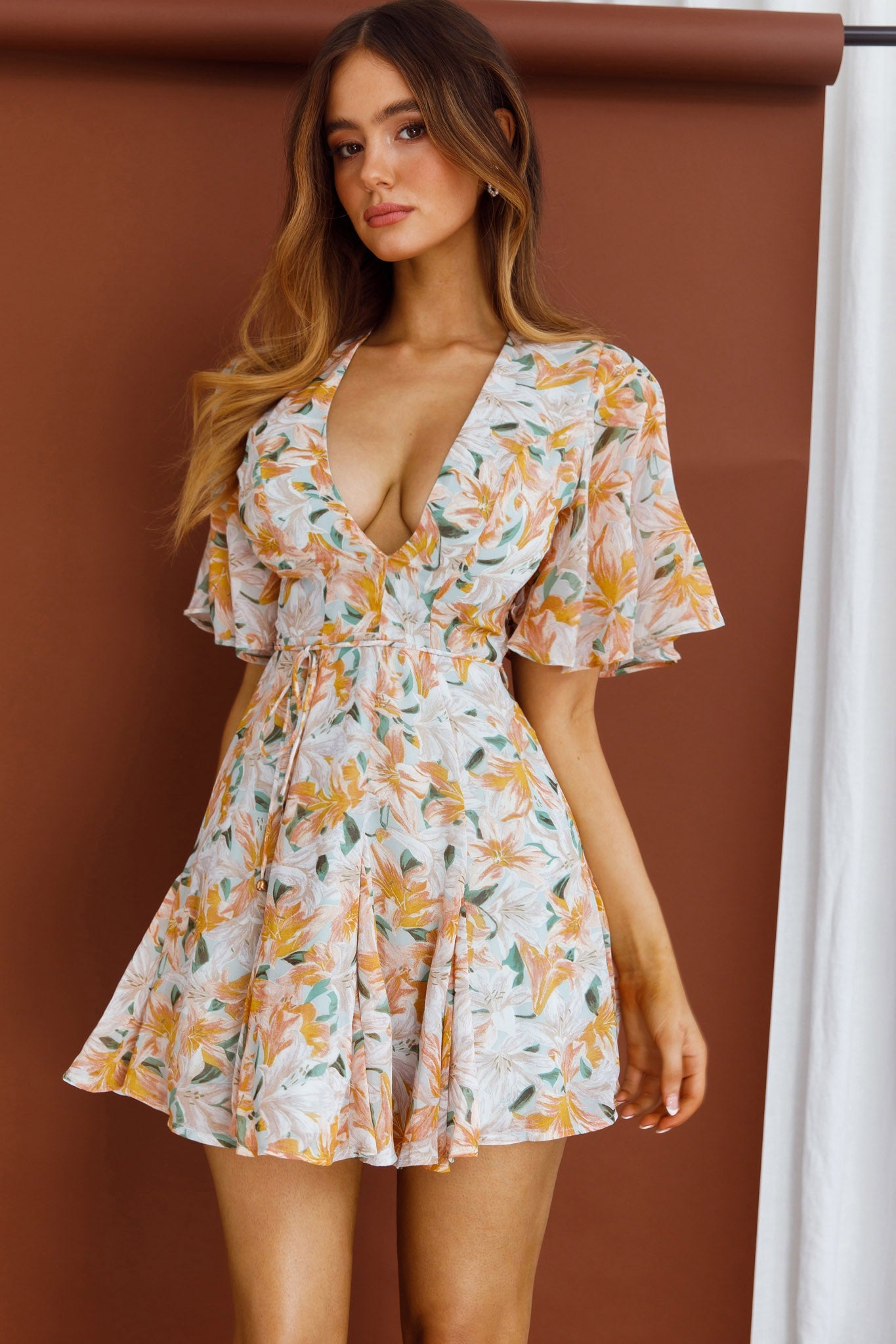 Estelle Angel Sleeve Dress Lily Print Blue